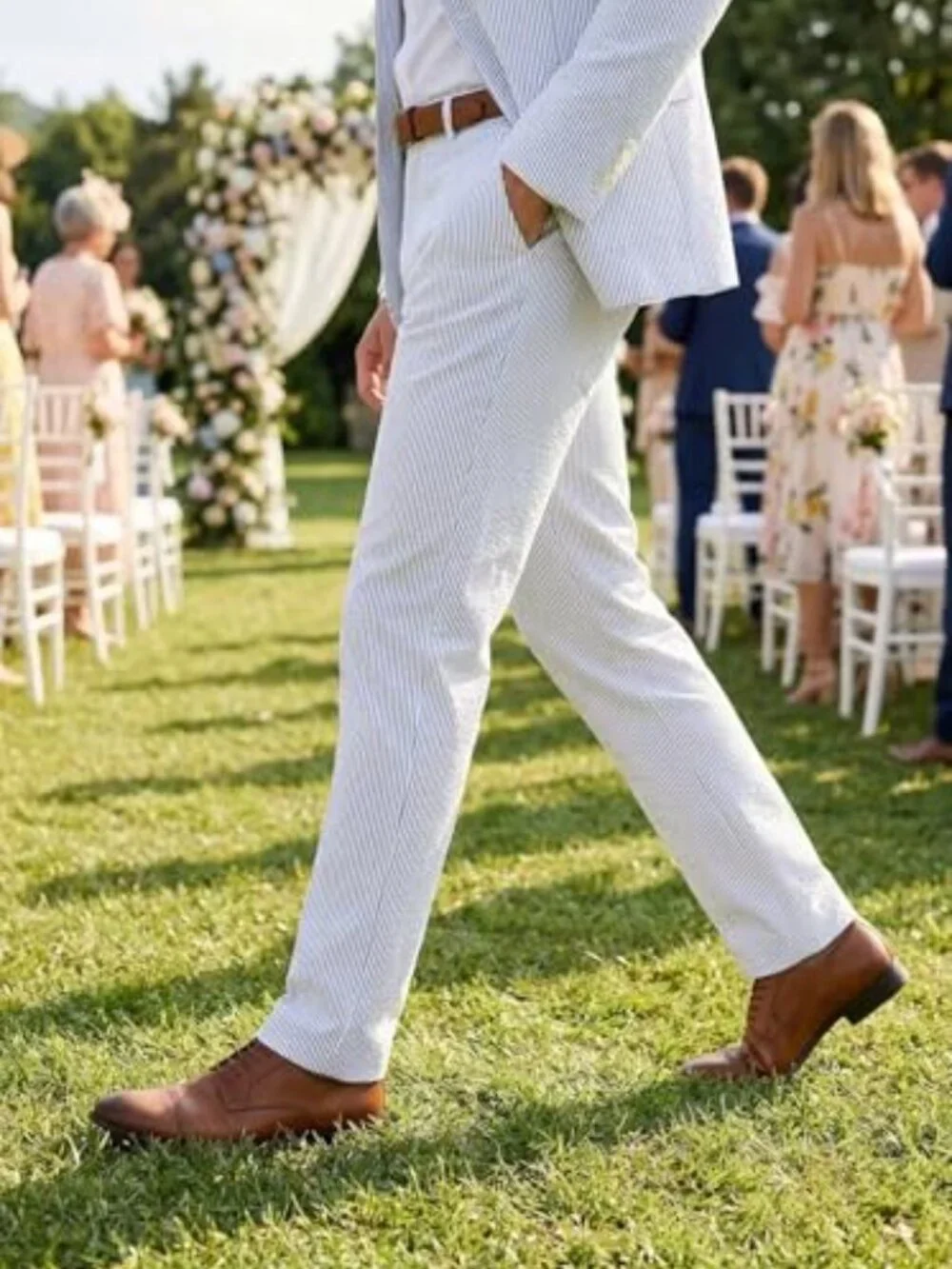 Men's Seersucker Suit Set Slim Fit Wedding Groom Outfit